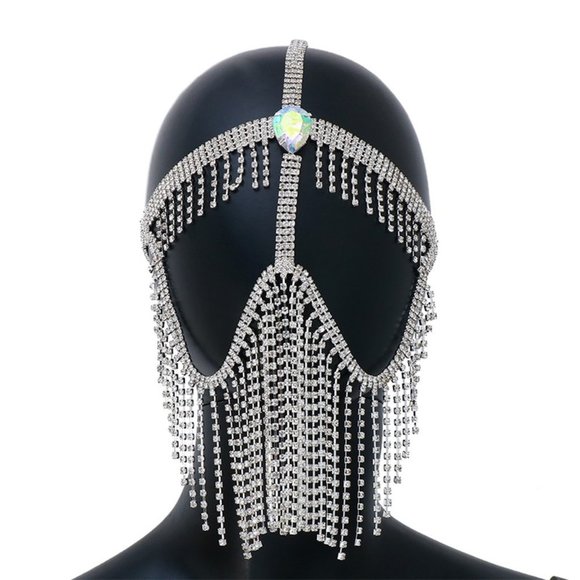 Crystal Chain Tassel Face Mask Rhinestones Holloween Masquerade Face Jewelry - Picture 4 of 6